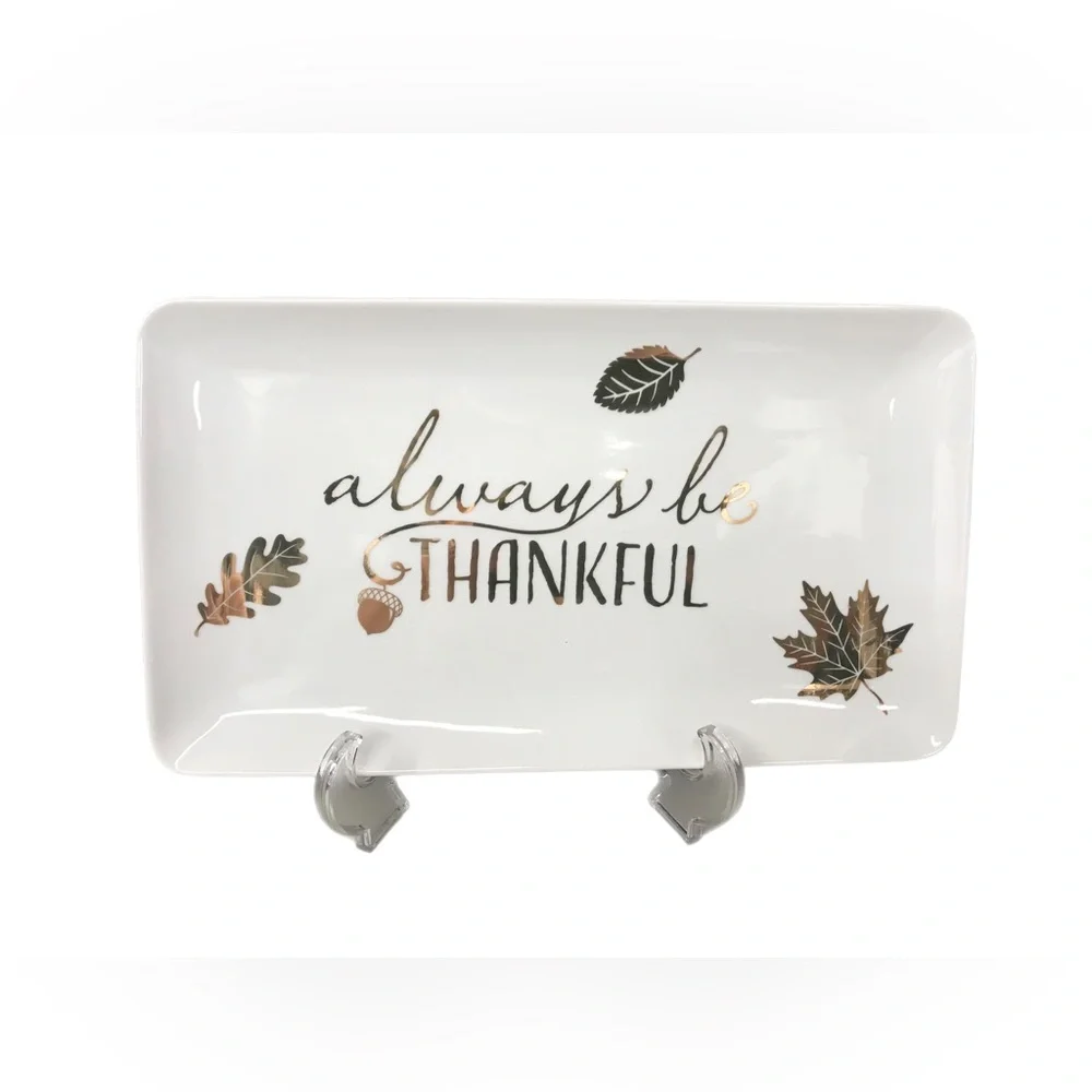 Pier 1 “Always Be Thankful” Porcelain Gold Thanksgiving Platter Rectangular 8x14